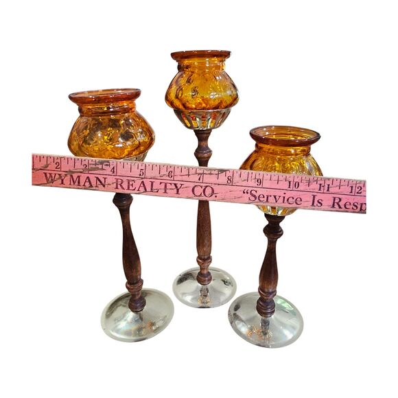 Vintage MCM Set of 3 Amber Glass, Wood, Brass Tealight Holder Centerpiece Candle - Picture 4 of 5